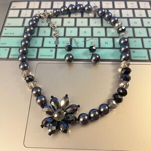 Elegant Black and Silver Necklace Set Earrings Sparkly Flower Beaded